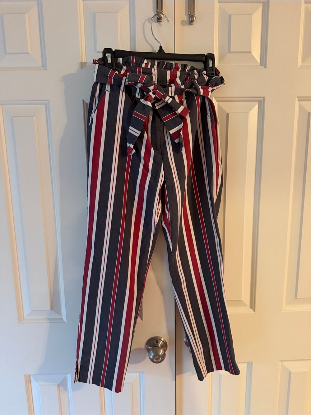 Striped Paperbag Waist Pants -Gray, Red & White
